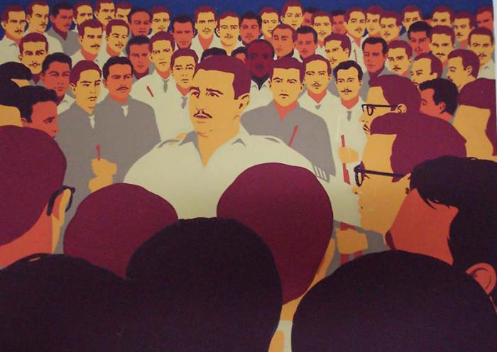 Poco antes de tomar los automóviles, Fidel les habla a sus compañeros en la Granjita de Siboney. Ilustración: René Mederos
