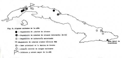 Algunas unidades de las Agrupaciones de Tropas Soviéticas emplazadas. Los círculos del mapa representan las zonas de destrucción de los grupos de cohetes antiaéreos y los triángulos, las bases aéreas en San Julián (IL-28), San Antonio (aviación cubana), Santa Clara (MIG-21) y Holguín (IL-28)