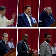 Los presidentes de Venezuela, Bolivia y Nicaragua, Nicolás Maduro, Luis Arce y Daniel Ortega, espectivamente; además de los primeros ministros Ralph Gonsalves, de San Vicente y las Granadinas; Roosevelt Skerrit, de Dominica, y Dickon Mitchell, de Granada, intervinieron en la sesión extraordinaria de la Asamblea Nacional del Poder Popular, que celebró los 18 años del ALBA-TCP. Foto: Juvenal Balán