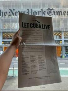 Deje vivir a Cuba (Let Cuba Live!) reza la frase que encabeza la petición formulada mediante una carta desplegada a página completa este viernes en el influyente diario estadounidense The New York Times. Foto: Internet Deje vivir a Cuba (Let Cuba Live!) reza la frase que encabeza la petición formulada mediante una carta desplegada a página completa este viernes en el influyente diario estadounidense The New York Times. Foto: Internet